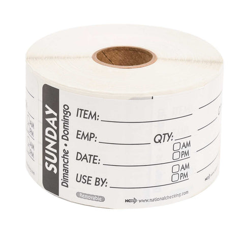 National Checking Company Dateit Black Trilingual Item/Date/Use By Removable Label - Sunday, 2 x 3 inch -- 500 per case.