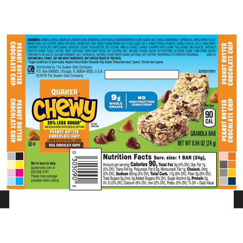 Quaker® GRANOLA BAR REDUCED SUGAR PNB CHOCOLATE CHIP