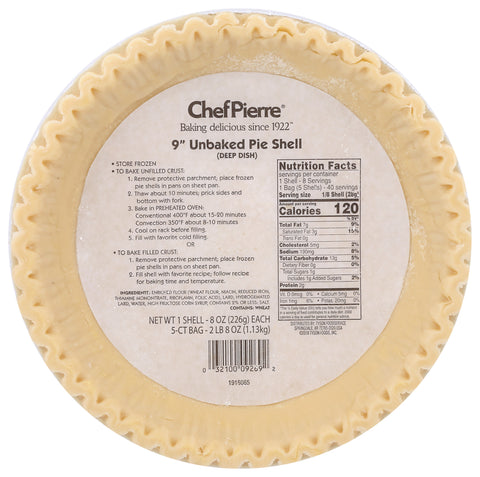 Pie Shell Lard Shortening Unbaked (deep Dish) 9
