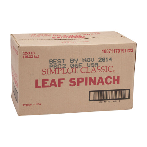 Simplot Chopped Spinach - 3 lb. package, 12 packages per case