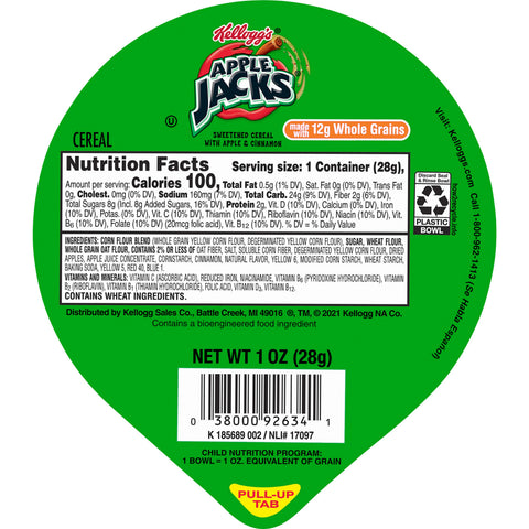 Kelloggs Apple Jacks Reduced Sugar Whole Grain Cereal, 1 Ounce Bowl -- 96 per case.