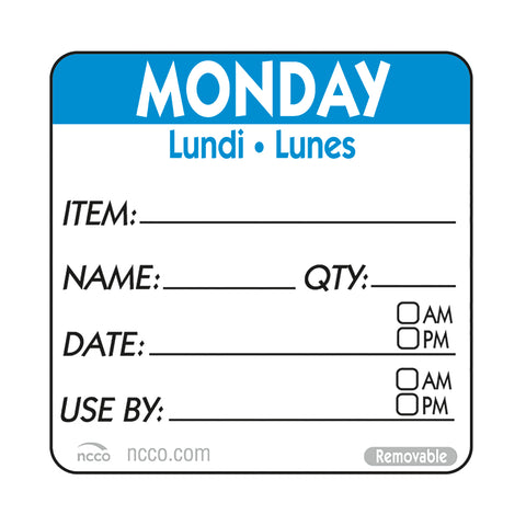 Label Trilingual Item/date/use By Removable Blue Monday 2x2