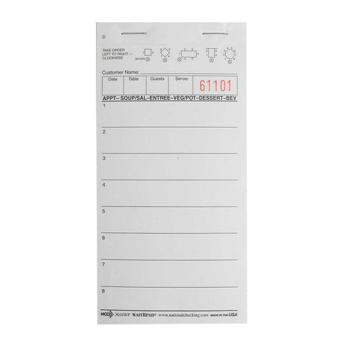 National Checking Company Waitrpad Paper - 1 Part White, 13 Line, 3.5 x 6.75 inch -- 5000 per case.