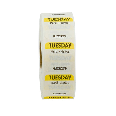 National Checking Company Dateit Yellow Trilingual Dissolvable Label - Tuesday, 1 x 1 inch -- 1000 per case.