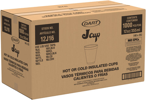 Dart Container J Cup Expanded Polystyrene Foam White Drinking Cup, 12 Ounce -- 1000 per case