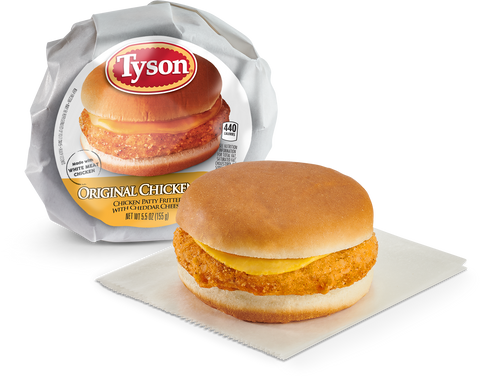 Tyson Foods Original Chicken Patty Fritter with Cheddar Cheese Sandwich, 5.5 Ounce -- 12 per case.
