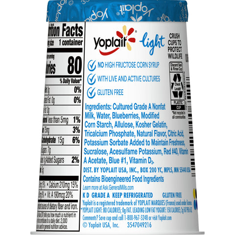 Yoplait Light Blueberry Yogurt, 6 Ounce -- 12 per case.