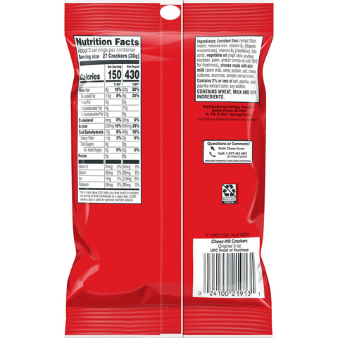 Cheez-It Original Baked Snack Crackers - 3 oz. bag, 60 per case