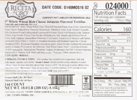 Tortilla Cheese Jalapeno Flavored Whole Grain Rich Reduced Sodium 9