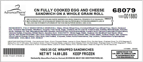 Advance Pierre Egg and Cheese Sandwich on a Whole Grain Bun, 2.35 Ounce -- 100 per case.