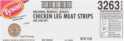 Tyson Uncooked Boneless Skinless Chicken Leg Meat Strips for Stir Fry, 20 Pound.