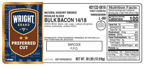 Tyson Wright Brand Natural Texas Smoked Bacon - 14-18 Slices per Pound, 30 Pound.
