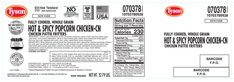 Tyson® CHICKEN POPCORN BREADED HOT 'N SPICY WHOLE GRAIN CN 0.27 OZ. 10703780928