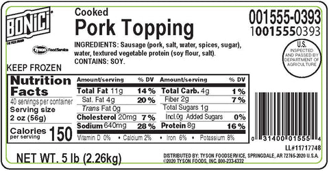 Tyson Pizzano Precooked Small Chunk Pork Pizza Topping, 5 Pound -- 2 per case.