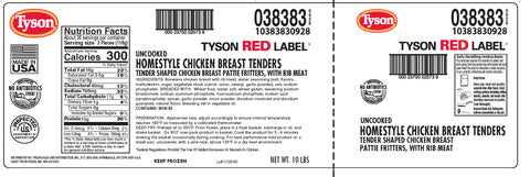 Tyson Red Label Homestyle Breaded Chicken Breast Tender Premium Boneless Wing, 5 Pound -- 2 per case.