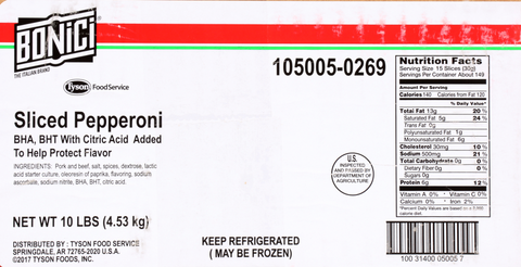 Tyson Bonici Orange Pepperoni Colour Stable Pizza Topping, 5 Pound -- 2 per case.