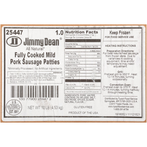 Jimmy Dean SAUSAGE PATTY MILD PRECOOKED 1 OZ 10000025447