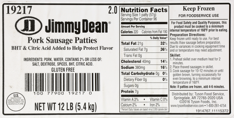 Jimmy Dean SAUSAGE PATTY RAW NO MSG 2 OZ 10000019217