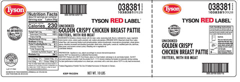 Tyson Red Label Golden Crispy Breaded Chicken Breast Patty, 5 Pound -- 2 per case.
