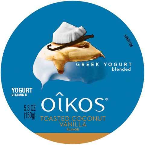 Oikos Toasted Coconut Vanilla Traditional Greek Yogurt, 5.3 Ounce -- 12 per case.