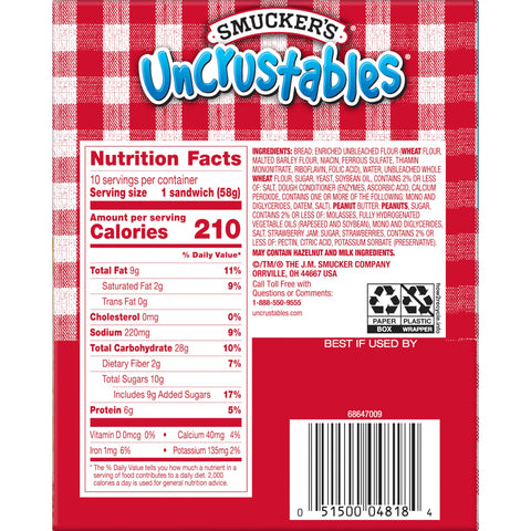 Smuckers Uncrustables Peanut Butter and Strawberry Jam Sandwich, 2 Ounce -- 60 per case.