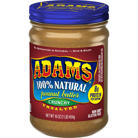 Adams Natural Unsalted Crunchy Peanut Butter, 16 Ounce -- 6 per case.