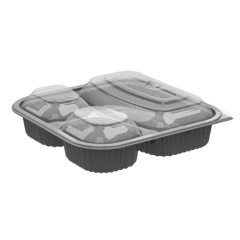 Anchor Packaging Culinary Squares Polypropylene 3 Compartment Black Base Container with Clear Lid, 21/6 Ounce Capacity -- 150 per case