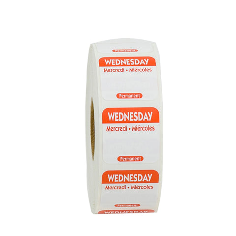 National Checking Company Dateit Red Trilingual Permanent Label - Wednesday, 1 x 1 inch -- 1000 per case.
