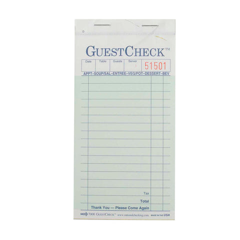 National Checking Company Carbonless Guest Check Paper - 2 Part Green, 17 Line, 3.4 x 6.75 inch -- 2500 per case.