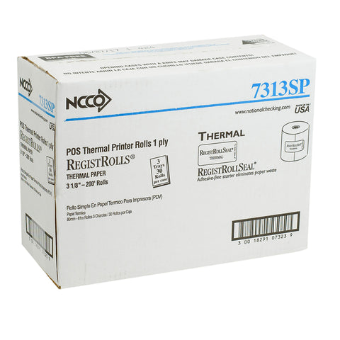 National Checking Company White 1 Ply Register Roll Tape, 3.13 inch -- 30 rolls per case.