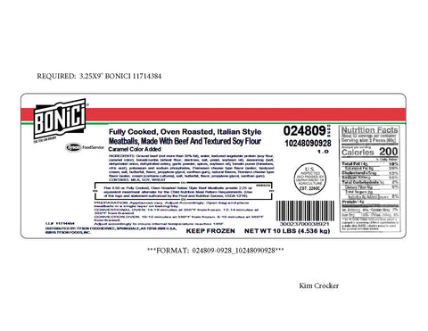 Tyson Fully Cooked Oven Roasted Italian Style Meatball, 10 Pound.