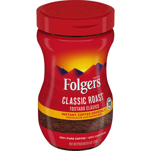 Folgers Classic Roast Caffeinated Instant Coffee Crystals, 8 Ounce -- 6 per case