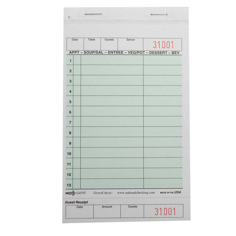 National Checking GUEST CHECK 2-PART GREEN NO CARBON 13 LINE 4.25X7.25