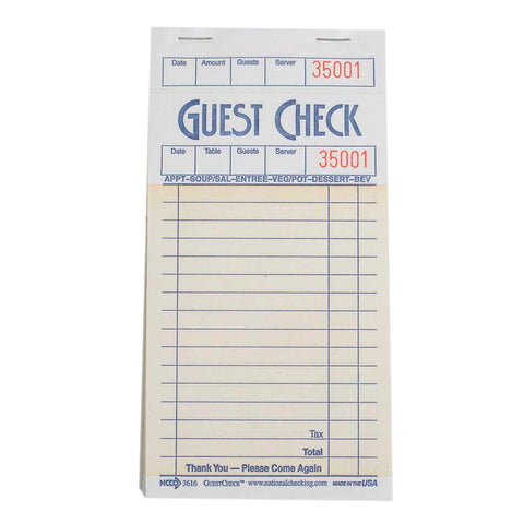 National Checking Company Carbonless Guest Check Paper, 3.5 Inch x 6.75 Inch -- 50 books per case