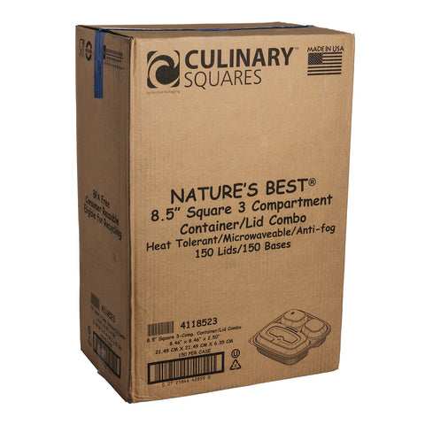 Anchor Packaging Culinary Squares Polypropylene 3 Compartment Black Base Container with Clear Lid, 21/6 Ounce Capacity -- 150 per case