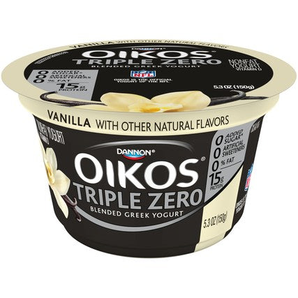 Oikos Triple Zero Vanilla Yogurt, 5.3 Ounce -- 12 per case.